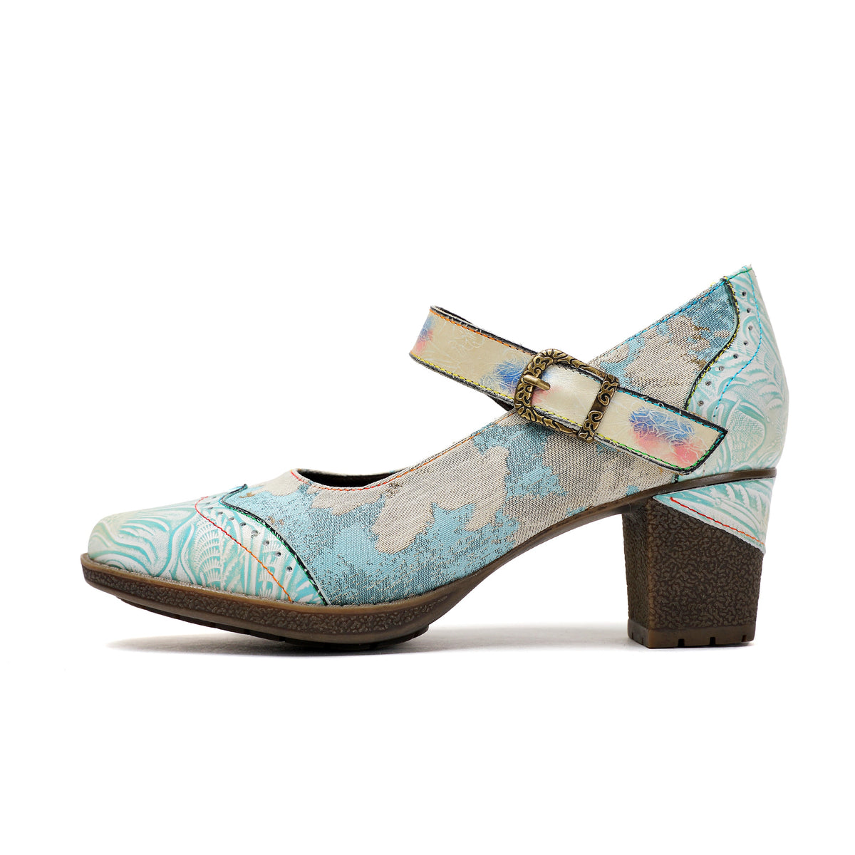 Lady's Heels Handmade Shoes Wedding Party Elegant Vintage Leather Buckle Light Blue Pumps – product view 6
