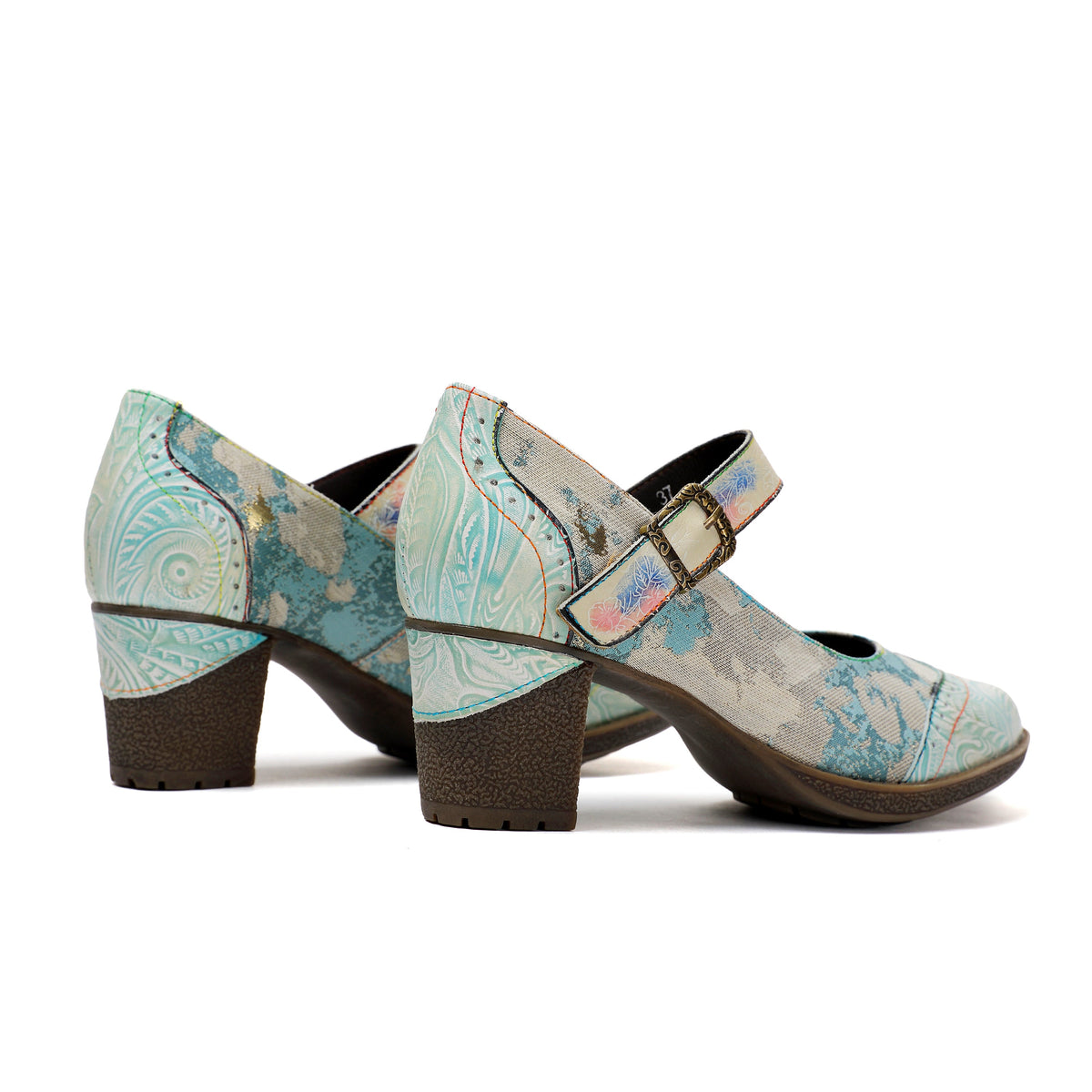 Lady's Heels Handmade Shoes Wedding Party Elegant Vintage Leather Buckle Light Blue Pumps – product view 4