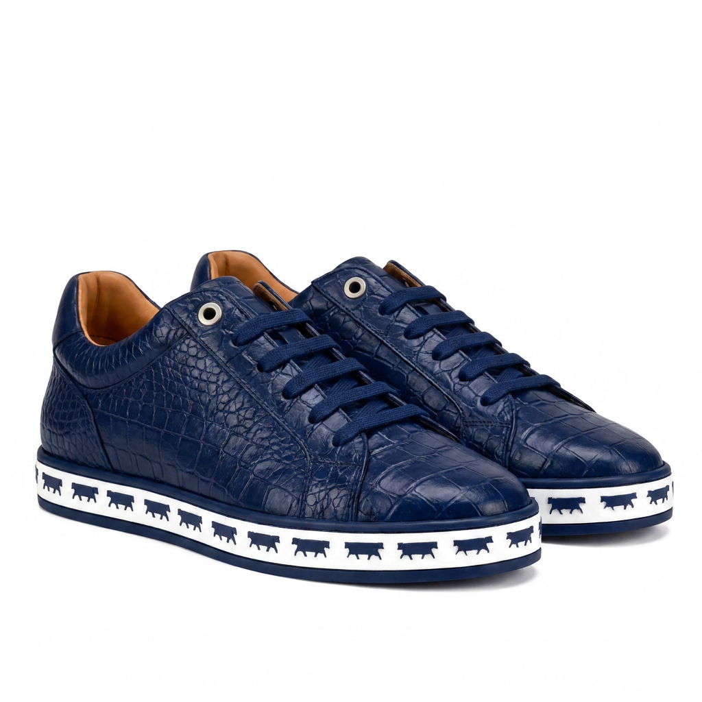 Johnny Famous Bally Style Animal Print Men's Navy Blue Gator Embossed Leather Low Top Sneakers