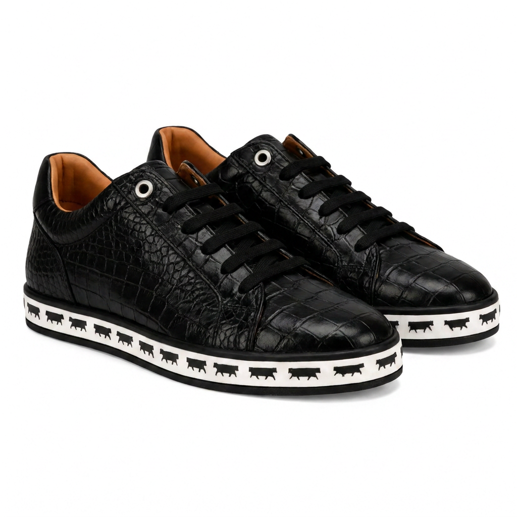 Johnny Famous Bally Style Animal Print Men's Onyx Black Gator Embossed Leather Low Top Sneakers