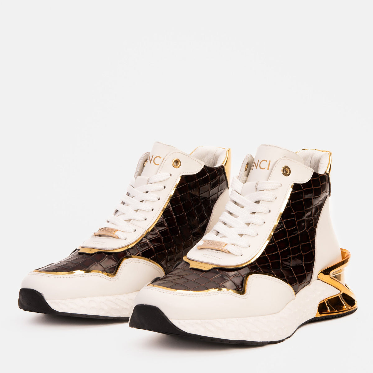 Vinci Leather Bellagio White & Gold Leather High-Top Men Sneaker – product view 2