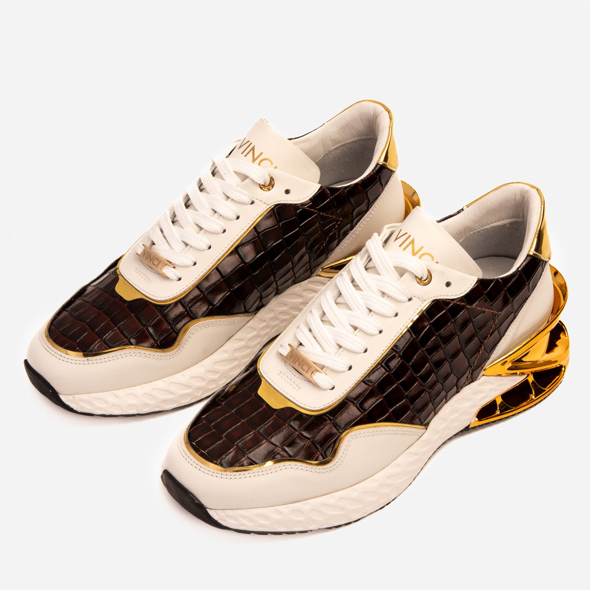 Vinci Leather The Bellagio White & Gold Leather Men Sneaker – product view 6