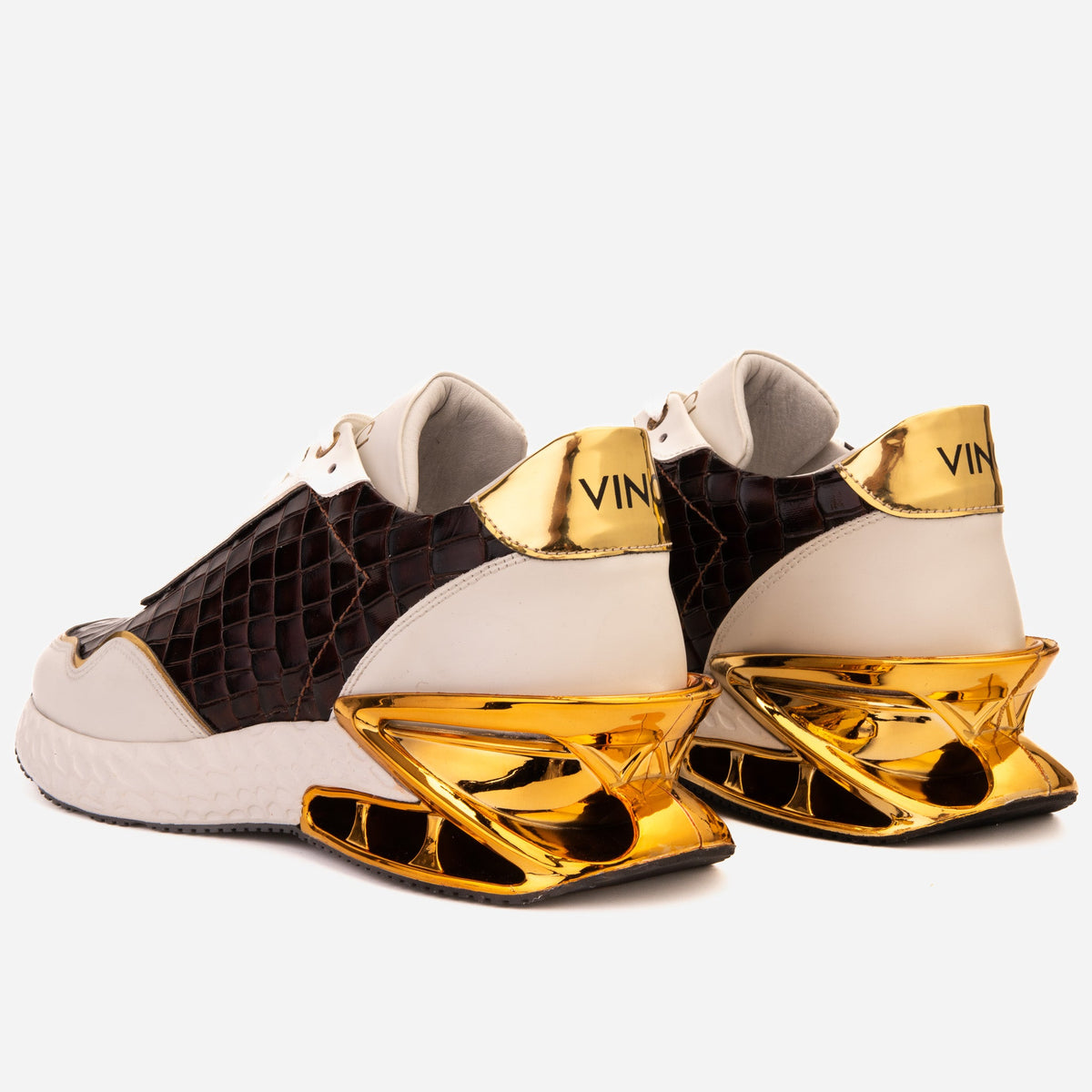 Vinci Leather The Bellagio White & Gold Leather Men Sneaker – product view 3