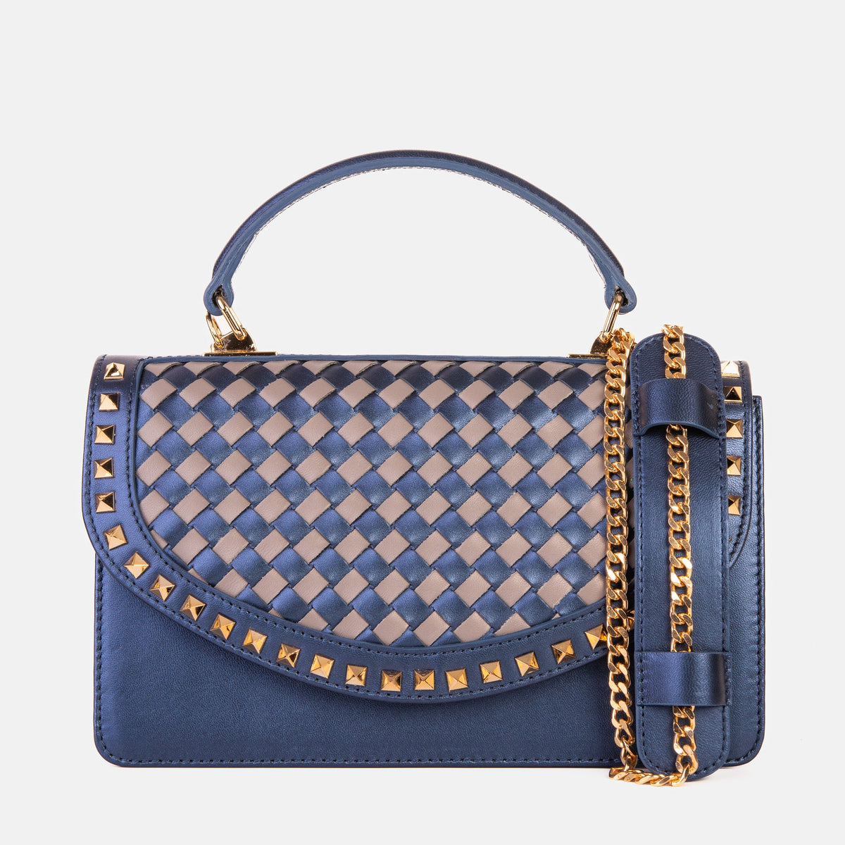 Vinci Leather The Dosso Navy Blue and Beige Handwoven Leather Handbag – product view 3