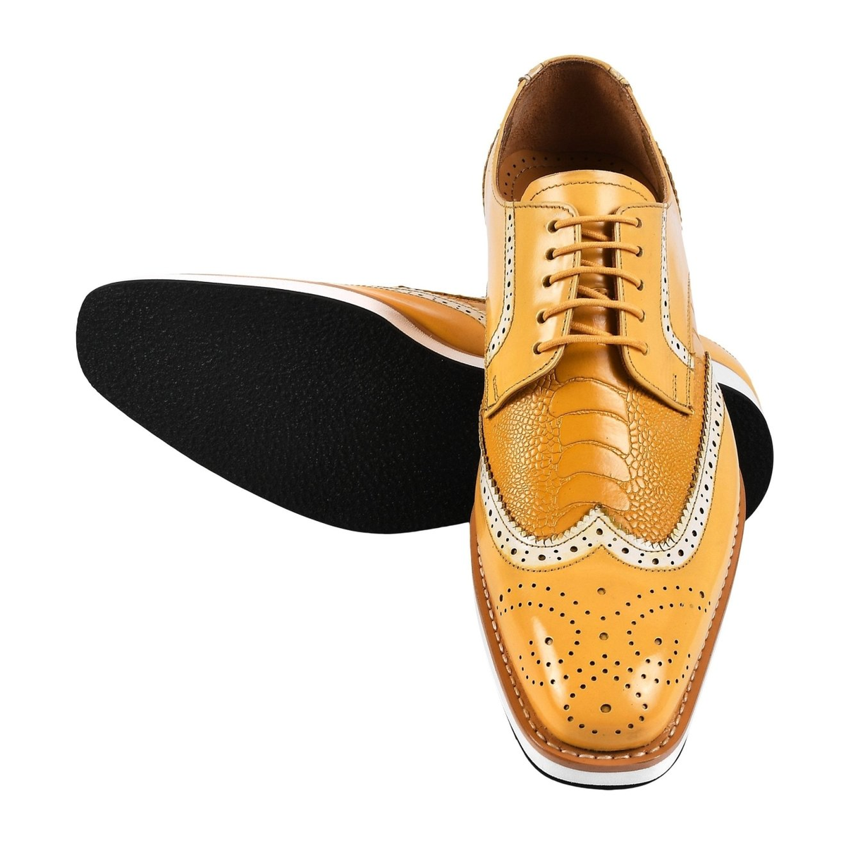 Liberty Zeno Roy men’s leather wingtip shoe in Yellow, overhead view with a second shoe showing the outsole, showing ostrich-leg print