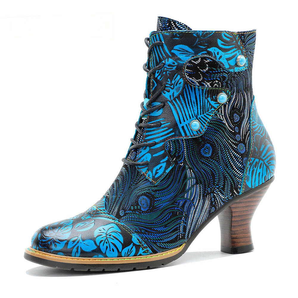 Blue Embossed Leather And Warm Brocade Comfy Ankle Boots – product view 11
