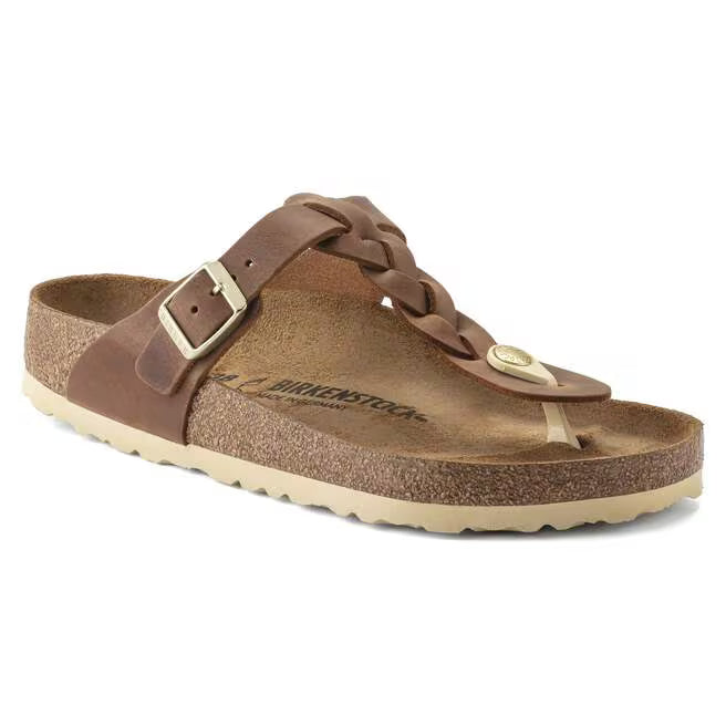 Birkenstock Gizeh Braided Oiled Leather Womens Sandals — Cognac