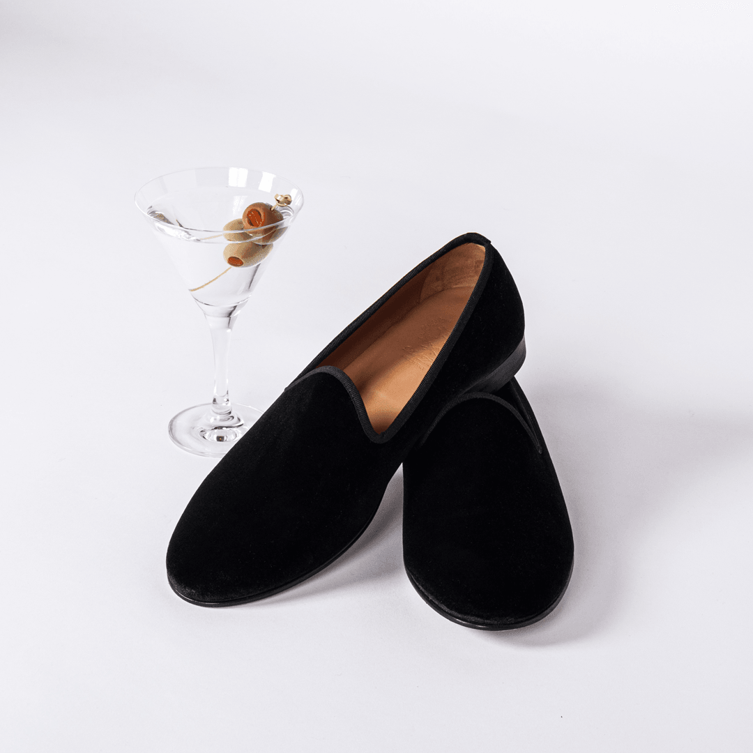 Del Toro Shoes Men's Black Velvet Slipper II With Black Grosgrain Stripe