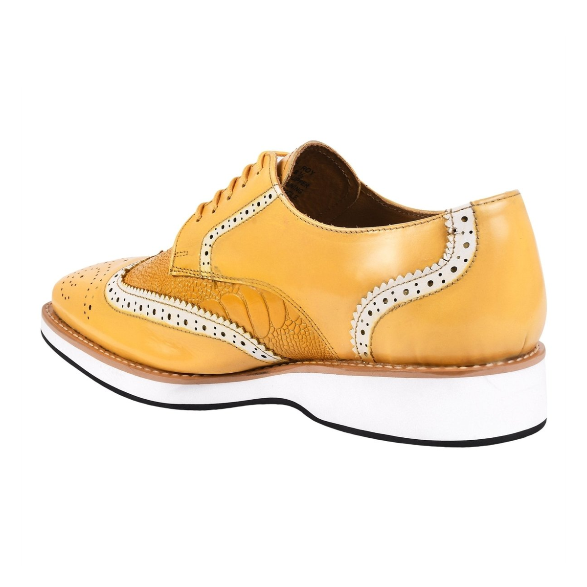 Liberty Zeno Roy men’s leather wingtip shoe in Yellow, rear three-quarter view, showing ostrich-leg print