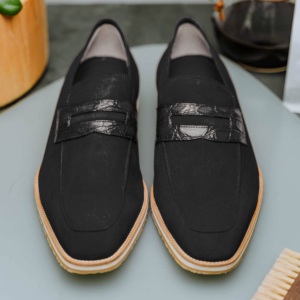 Zelli Italia 11-020-BLK MEO 3 Sueded Goatskin Penny Loafer, Black View 17