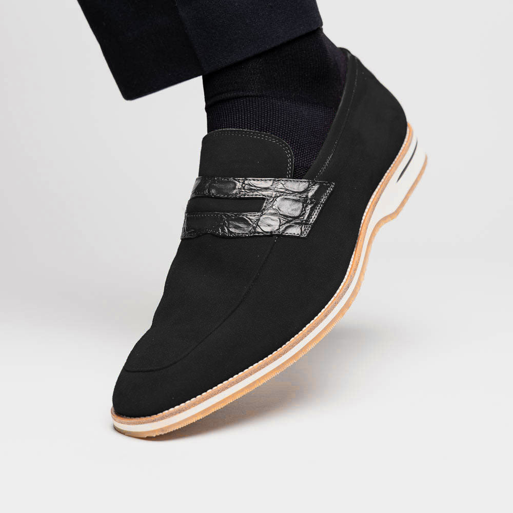 Zelli Italia 11-020-BLK MEO 3 Sueded Goatskin Penny Loafer, Black Bottom View