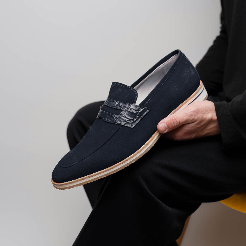 Zelli Italia 11-020-NVY MEO 3 Sueded Goatskin Penny Loafer, Navy Bottom View