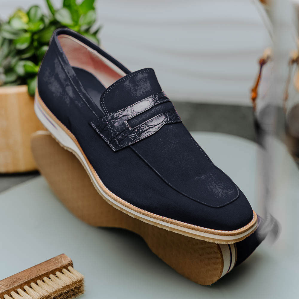 Zelli Italia 11-020-NVY MEO 3 Sueded Goatskin Penny Loafer, Navy View 11
