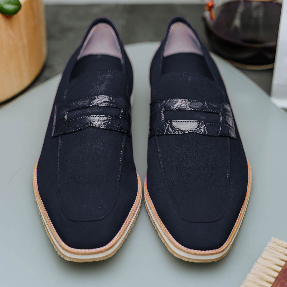 Zelli Italia 11-020-NVY MEO 3 Sueded Goatskin Penny Loafer, Navy View 17