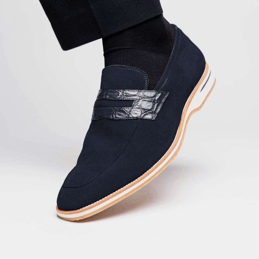 Zelli Italia 11-020-NVY MEO 3 Sueded Goatskin Penny Loafer, Navy Lifestyle View