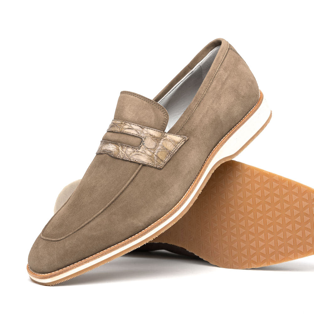 Zelli Italia 11-020-TPE MEO 3 Sueded Goatskin Penny Loafer, Taupe Angled View