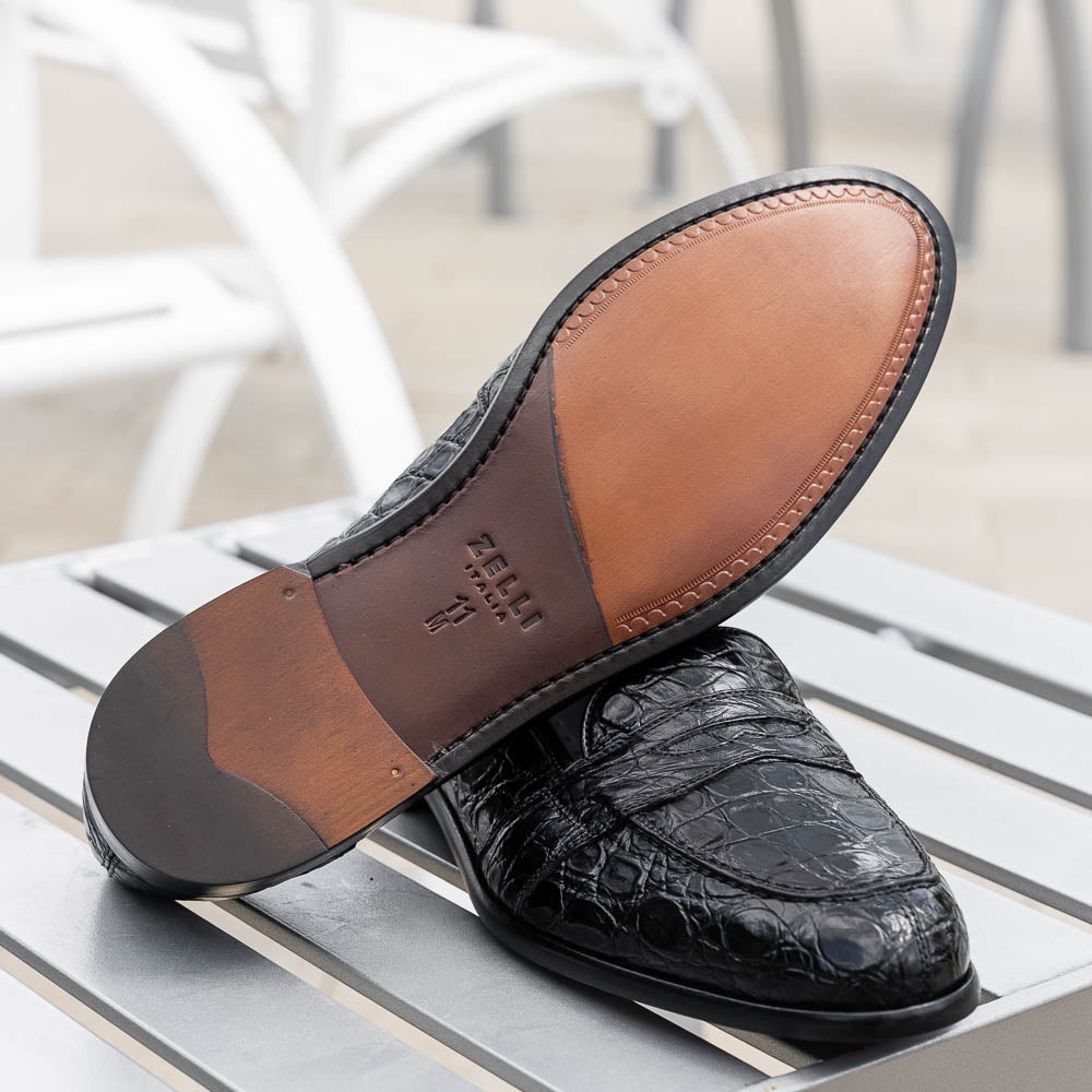 Zelli Italia 11-119-BKM (BLK) TUSCANY Crocodile Penny Loafer, Black View 9