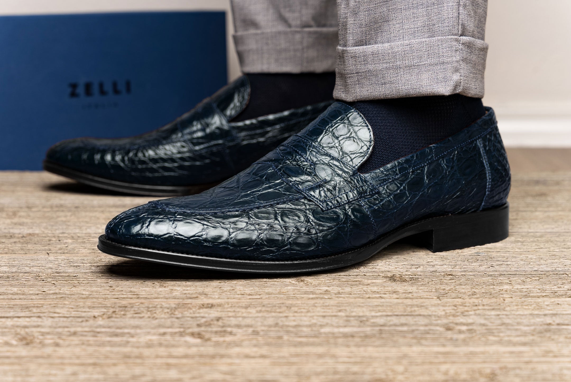 Zelli Italia 11-201-NVY ROMA Crocodile Penny Loafer, Navy View 9