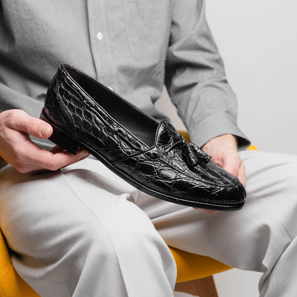 Zelli Italia 11-582-BLK FRANCO Crocodile Tassel Loafer, Black View 10
