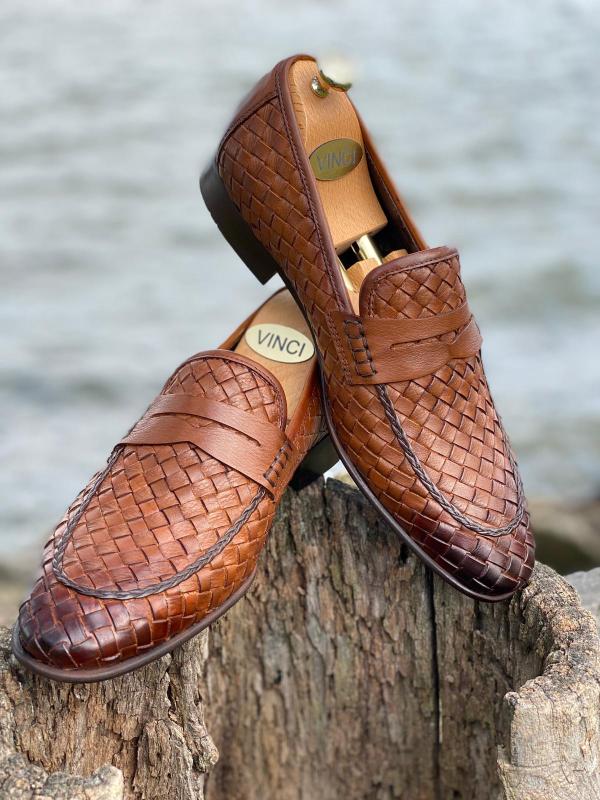 Vinci Leather The Grand Woven Leather Tan Men Shoe Penny Loafer – product view 7