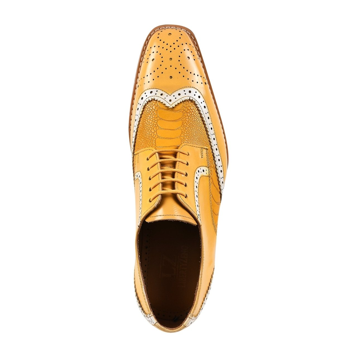 Liberty Zeno Roy men’s leather wingtip shoe in Yellow, top view, showing ostrich-leg print