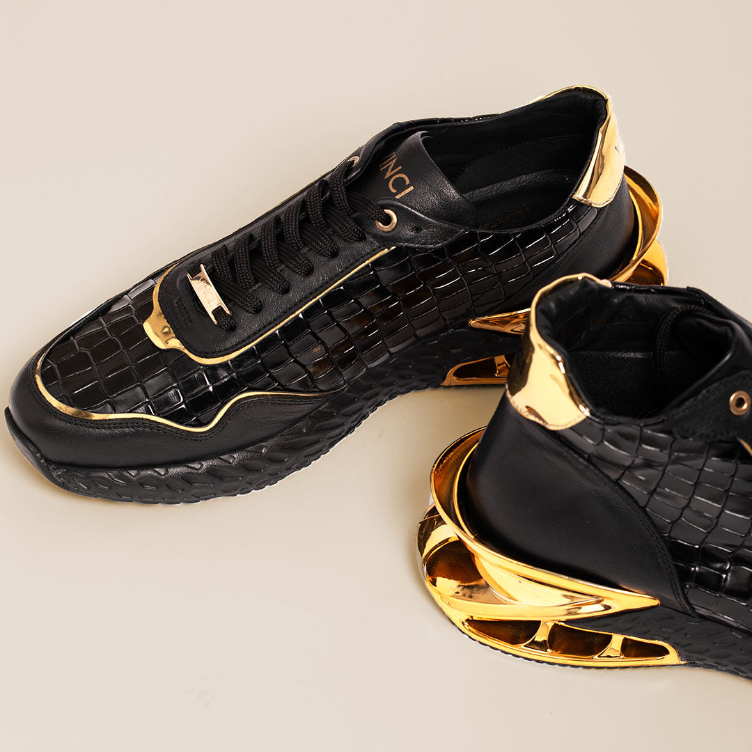 Vinci Leather The Bellagio Black & Gold Leather Men Sneaker – product view 11
