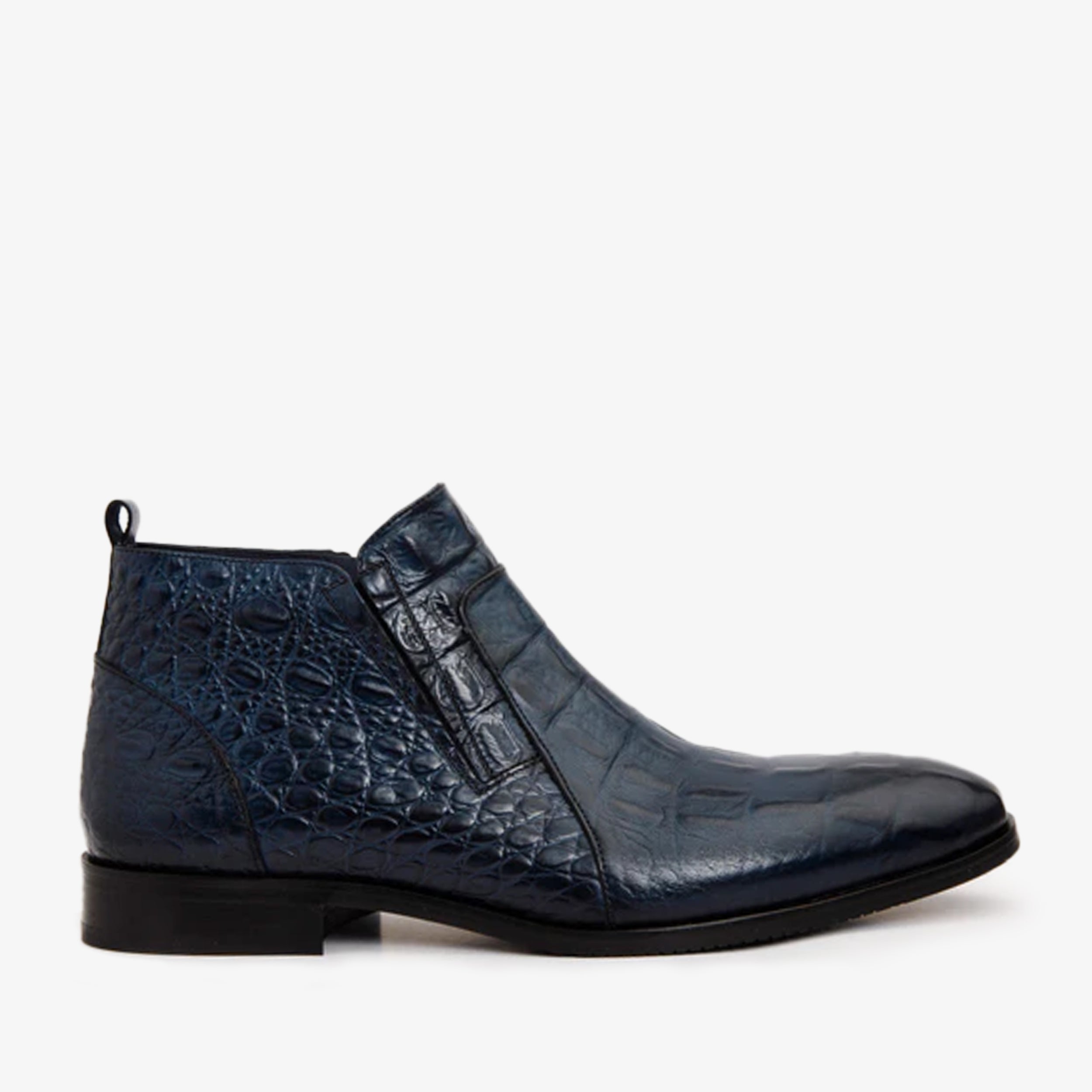 The Randor Navy Blue Croc-Embossed Calf Leather Side-Zip Dress Ankle Men Boot