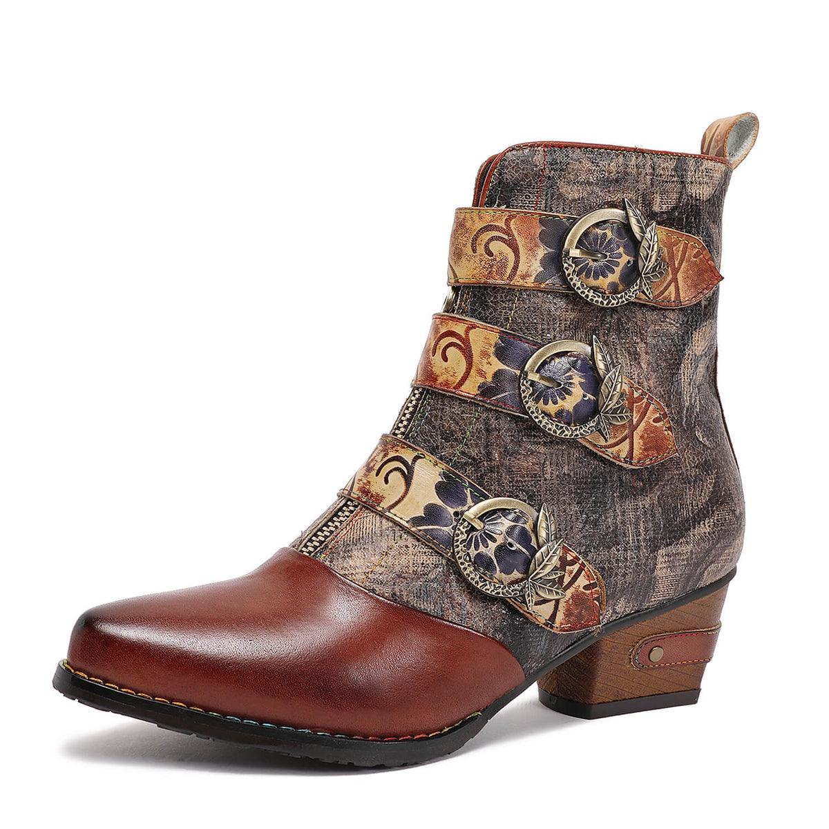 Retro Handmade Vintage Embossed Buckle Leather Boots – product view 6