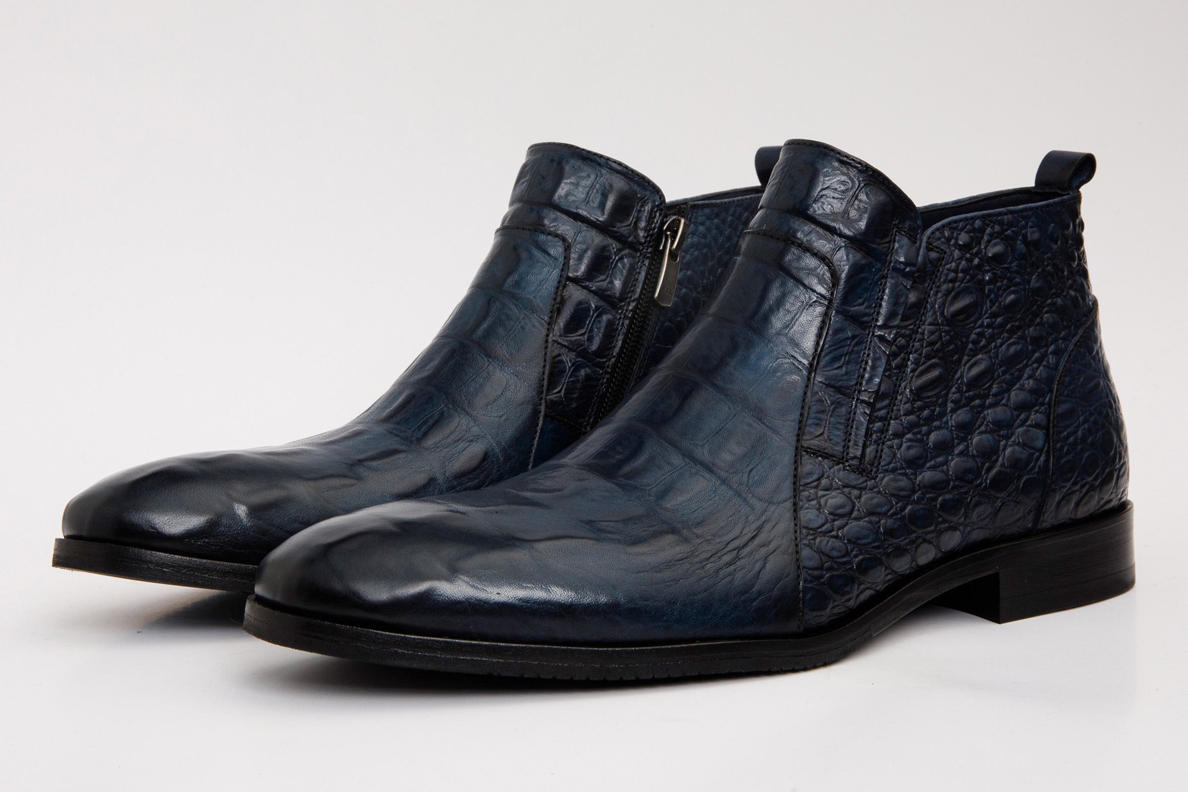 The Randor Navy Blue Croc-Embossed Calf Leather Side-Zip Dress Ankle Men Boot