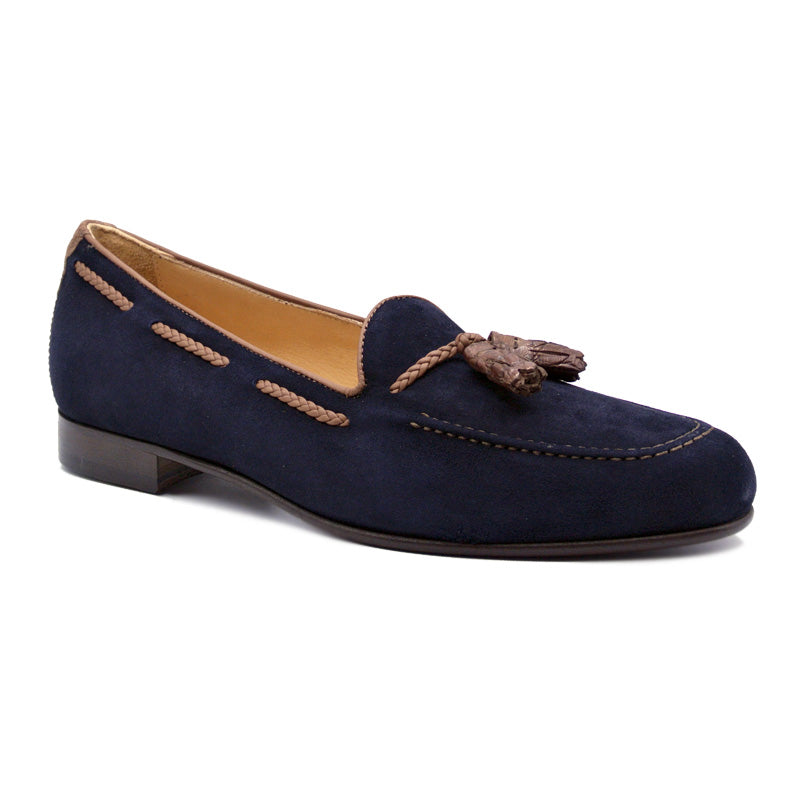 Zelli Italia 16-584-NVY NAPLES Italian Kid Suede with Embossed Crocodile Tassel Loafer, Navy Front View