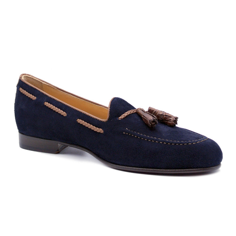Zelli Italia 16-584-NVY NAPLES Italian Kid Suede with Embossed Crocodile Tassel Loafer, Navy Angled View