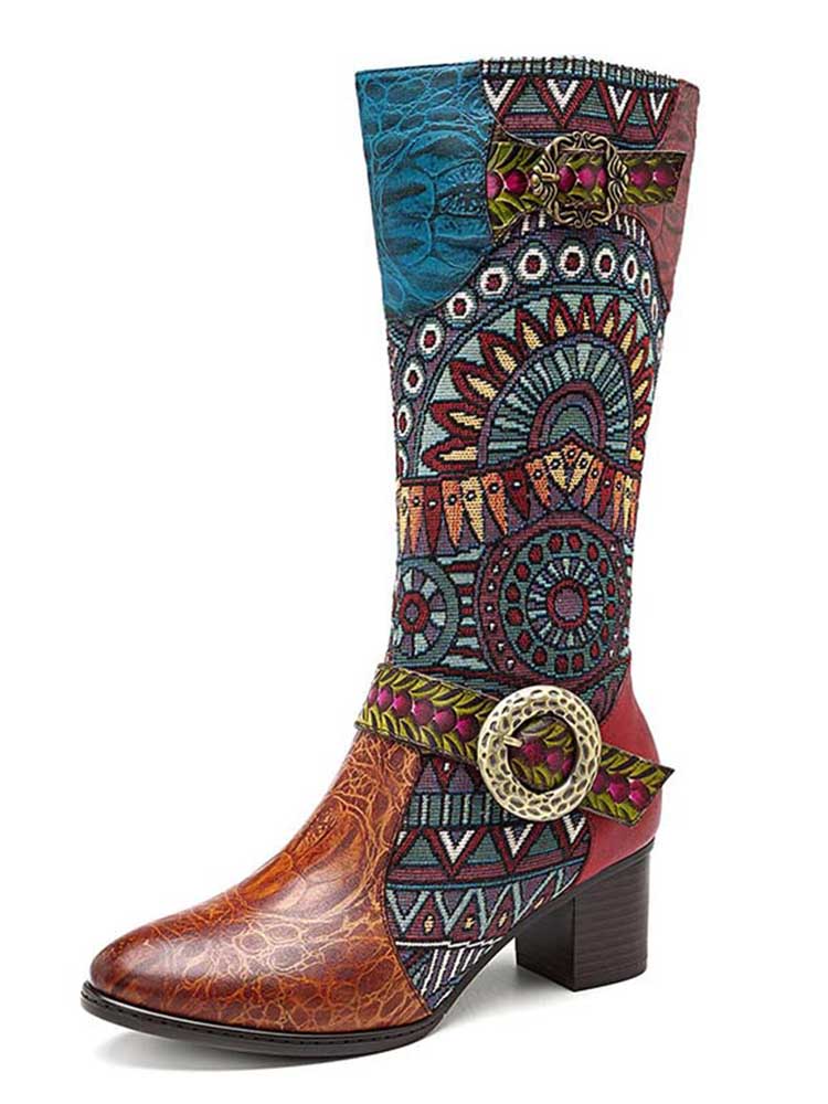 Bohemian Leather Splicing Pattern High Tube Boots – product view 1
