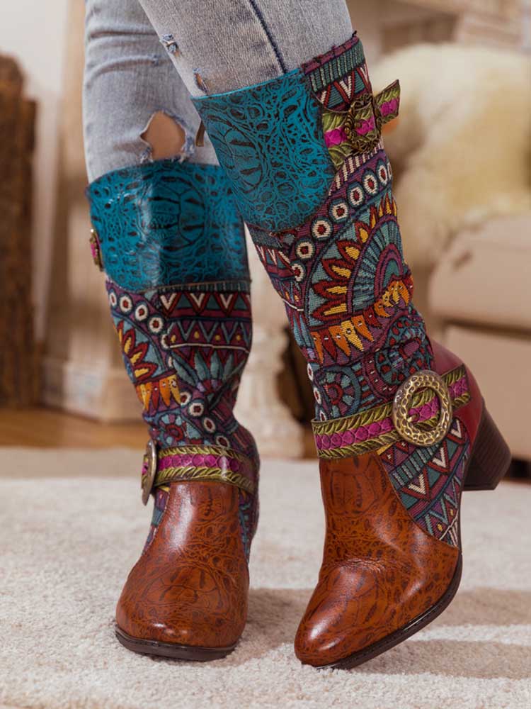 Bohemian Leather Splicing Pattern High Tube Boots – product view 10