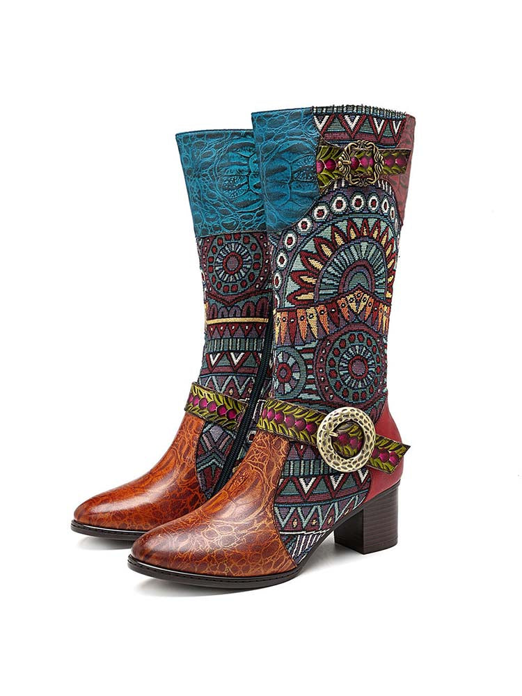 Bohemian Leather Splicing Pattern High Tube Boots – product view 2