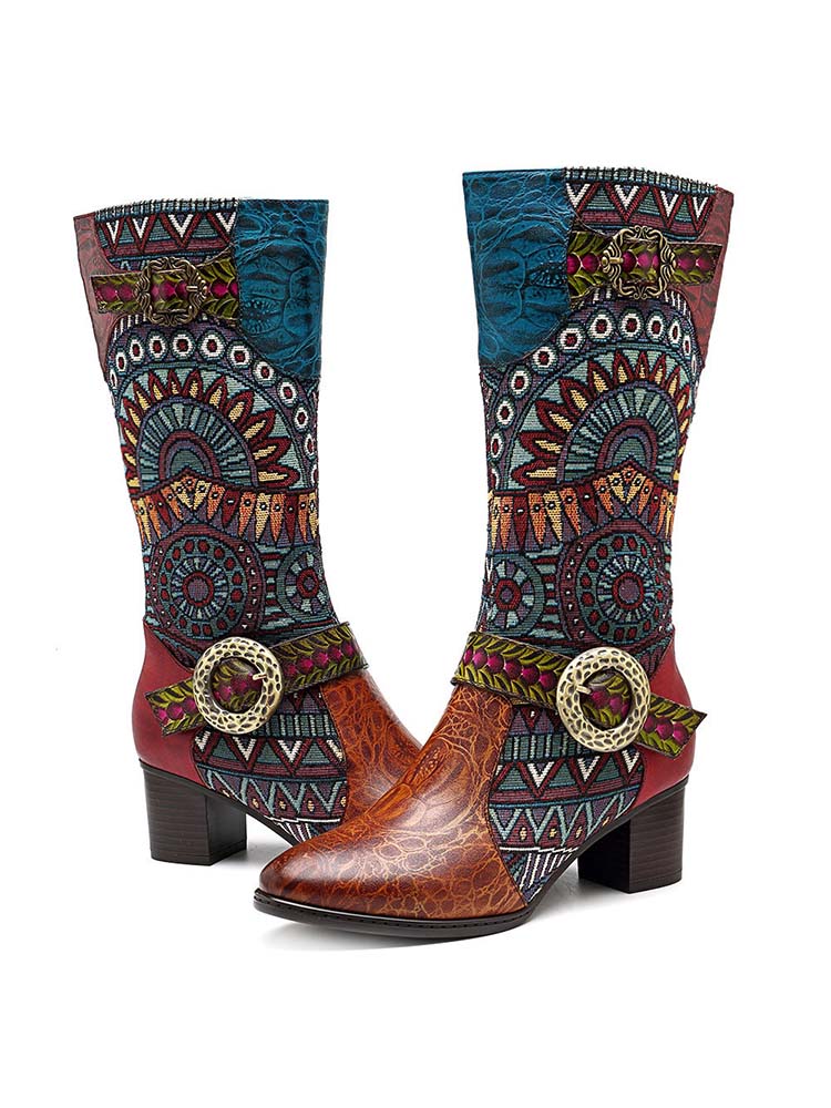 Bohemian Leather Splicing Pattern High Tube Boots – product view 3