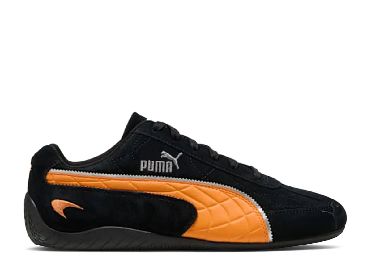 PUMA McLaren Speedcat Mens Sneakers — PUMA Black/Bright Papaya Suede Low-Top