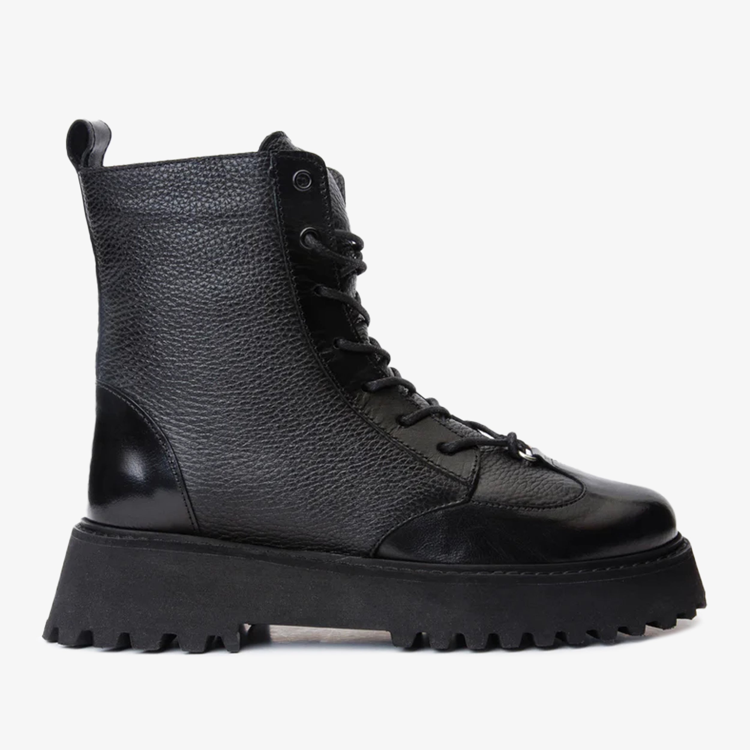 The Yildiz Black Leather Lace-Up Ankle Women Boot With a Side Zipper