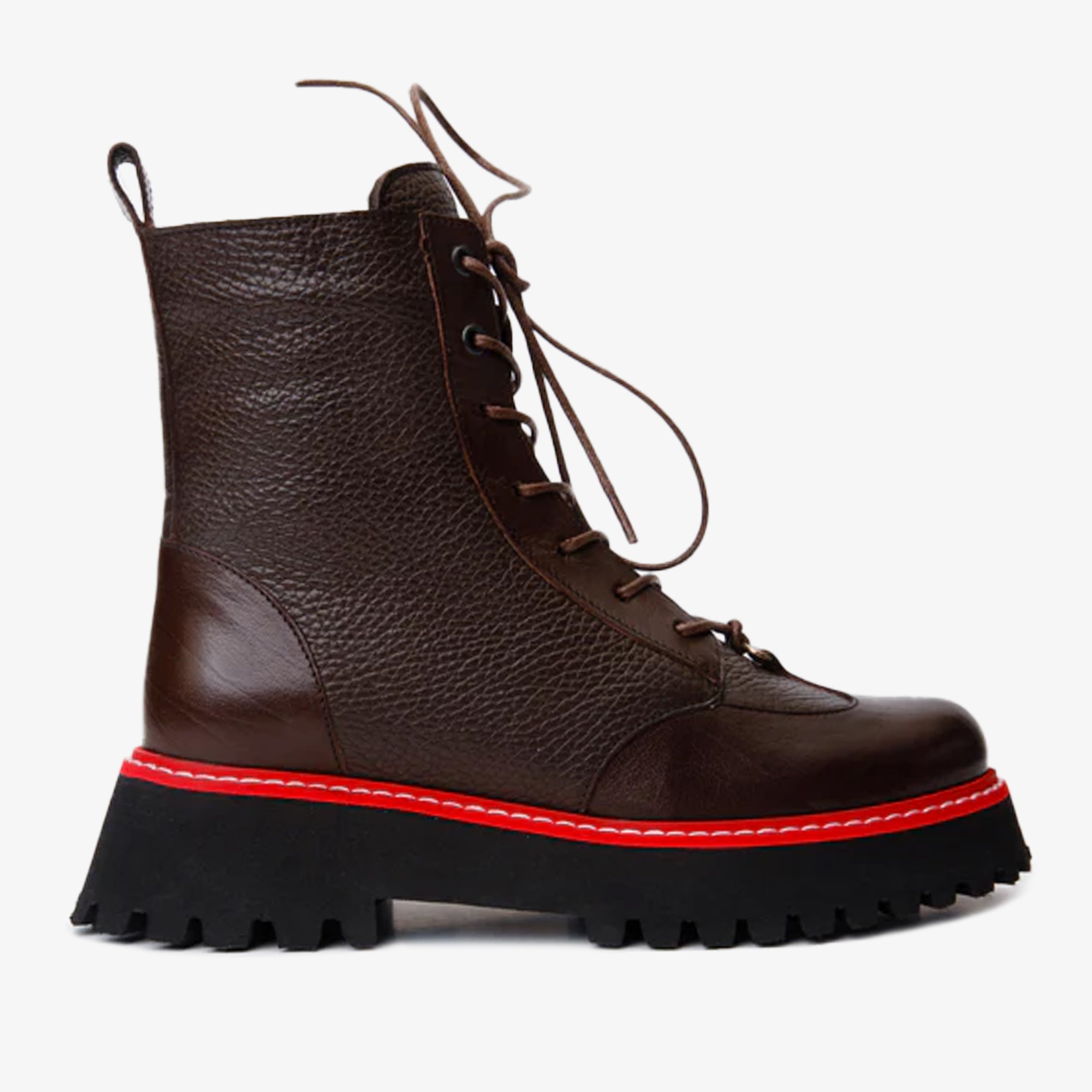 The Yildiz Brown Leather Lace-Up Ankle Women Boot With a Side Zipper