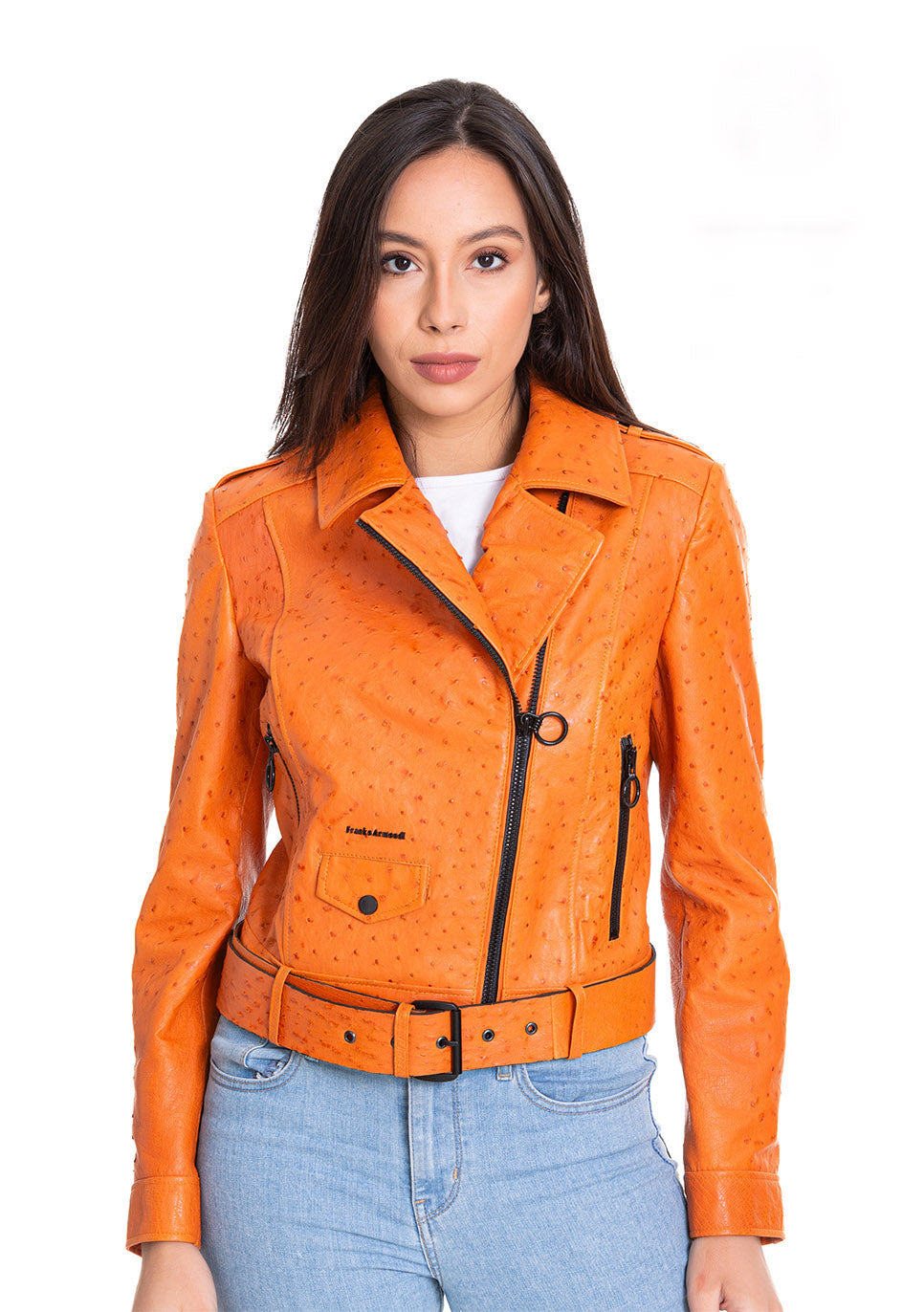 Vinci Leather The Martos Orange Ostrich Leather Women Jacket – product view 1