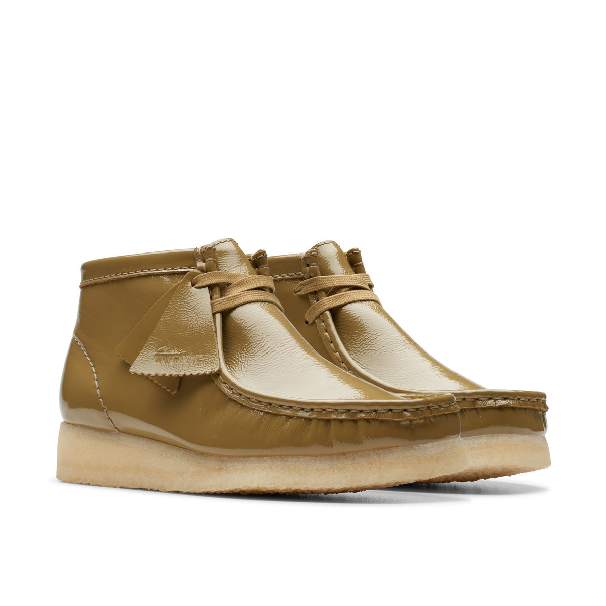 Clarks Originals Wallabee Boot Women's Dark Olive Patent Leather 26176554 — sole view