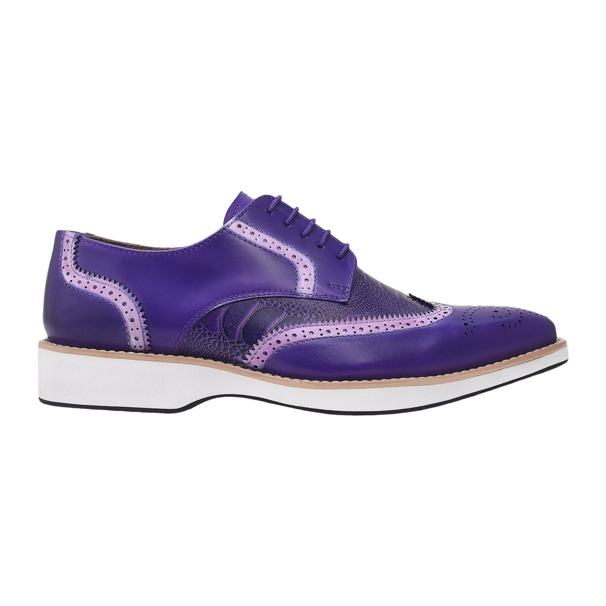 Liberty Zeno Roy men’s leather wingtip shoe in Purple, side profile, showing ostrich-leg print