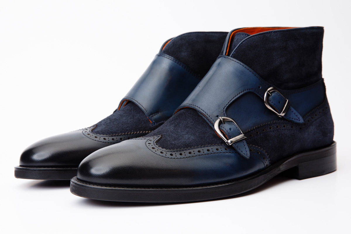 Vinci Leather The Albus Navy Blue Leather & Suede Double Strap Monk Brogue Men Boot – product view 2