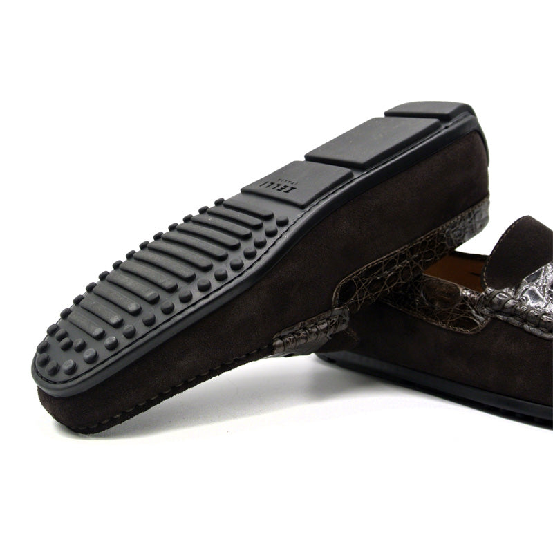 Zelli Italia Men's 31-160-NIC MONZA Sueded Calfskin with Crocodile Driver, Nicotine