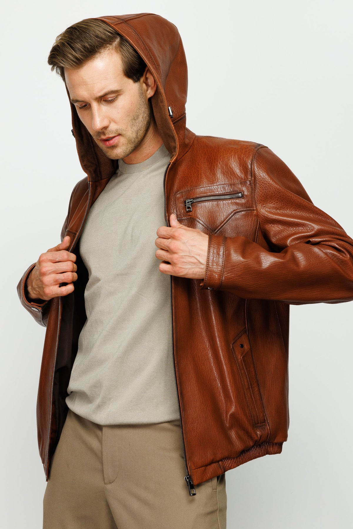 Vinci Leather The Byron Ribi Brown Leather Men Jacket – product view 3