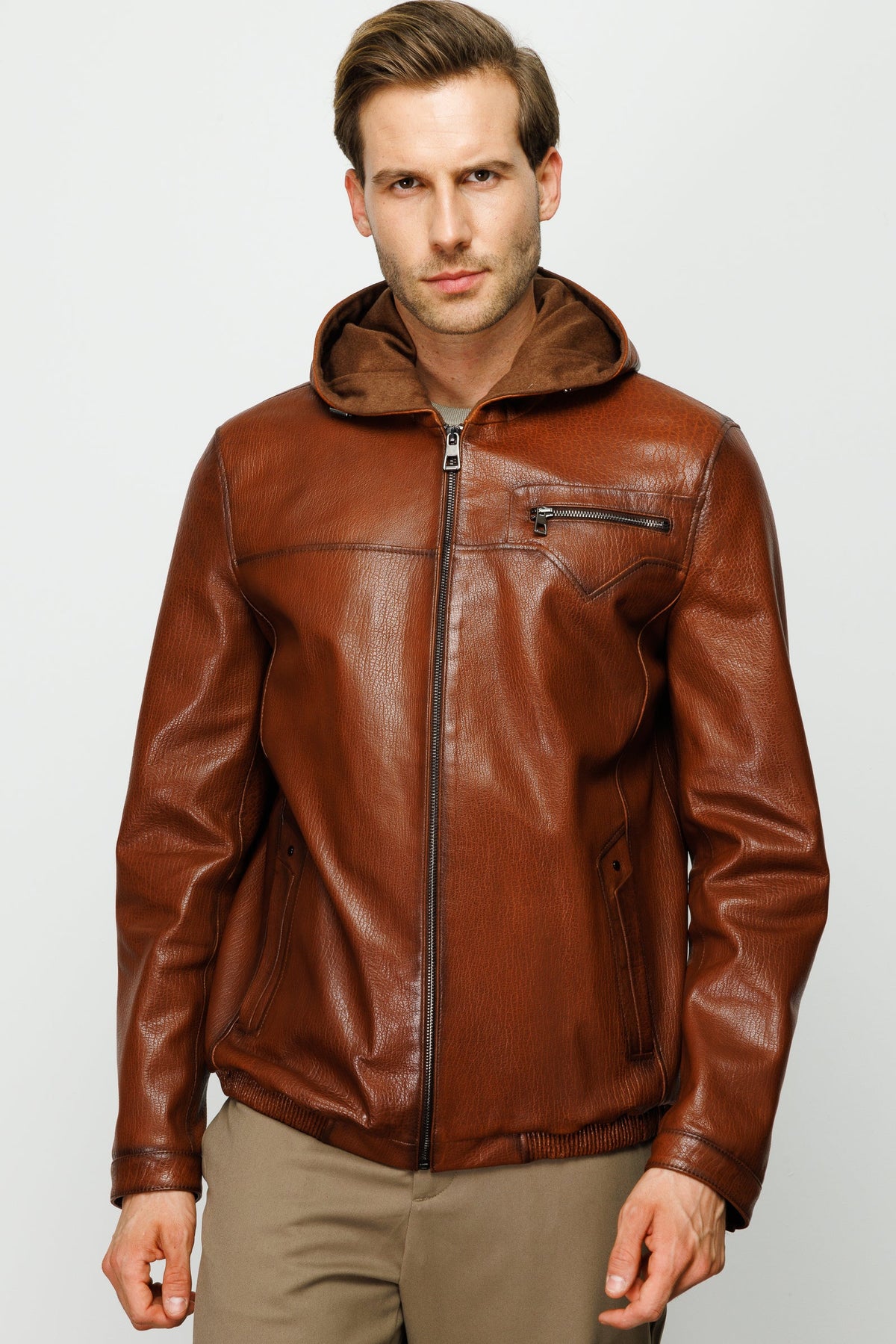 Vinci Leather The Byron Ribi Brown Leather Men Jacket – product view 2