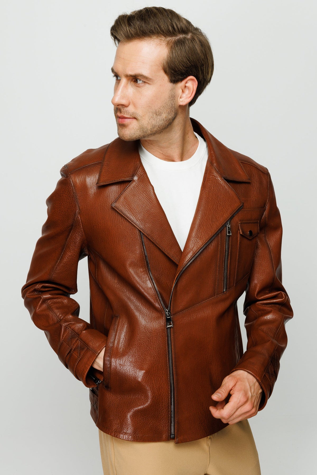 Vinci Leather The Monola Tan Leather Men Jacket – product view 13