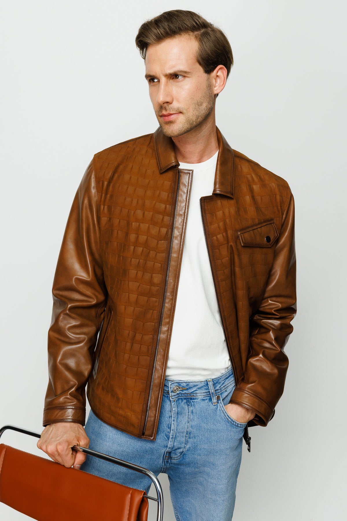 Vinci Leather The Emerson Tan Leather Men Jacket – product view 1