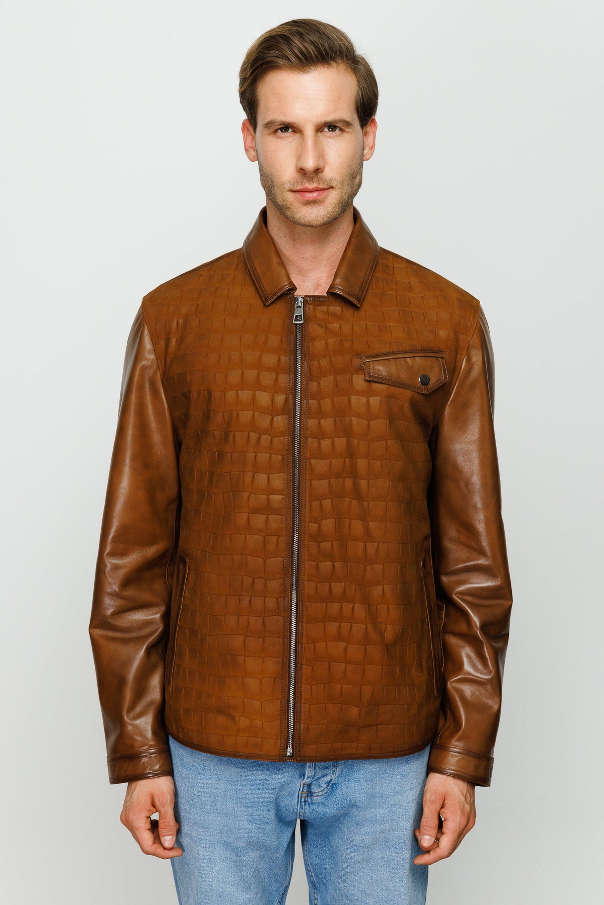 Vinci Leather The Emerson Tan Leather Men Jacket – product view 6