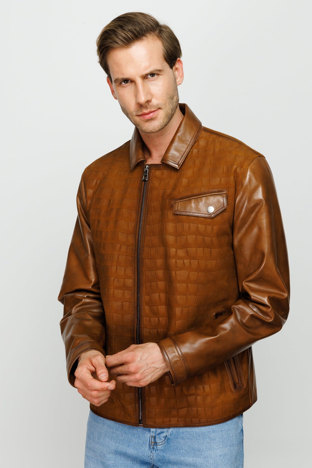 Vinci Leather The Emerson Tan Leather Men Jacket – product view 2