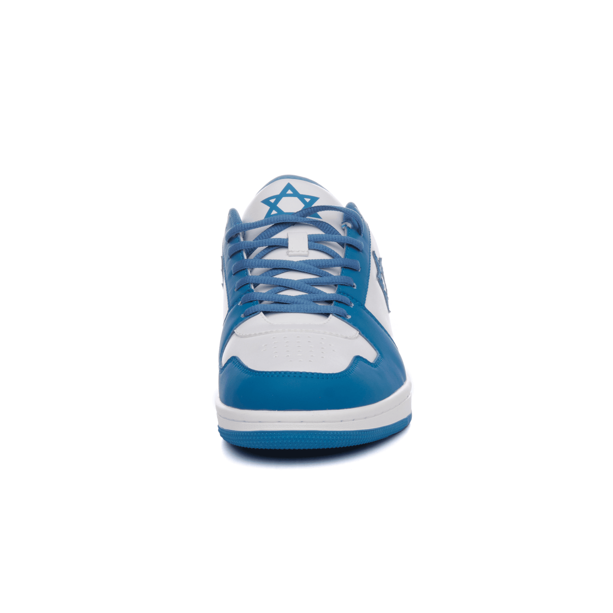 Air Maccabees Low Top sneaker in blue and white, elevated front view.
